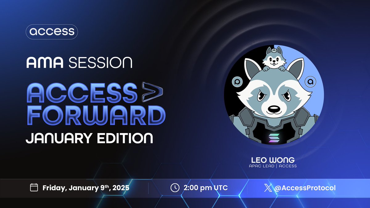 AccessProtocol's tweet photo. Join us tonight for the Access Forward - January Edition, hosted by APAC Lead @LeowongWL. Dive into an exclusive reveal of our latest progress, and the key initiatives driving this month's momentum.

Do not miss this conversation to accelerate your journey with Access! 💙 https://t.co/eWH4ng6d1d