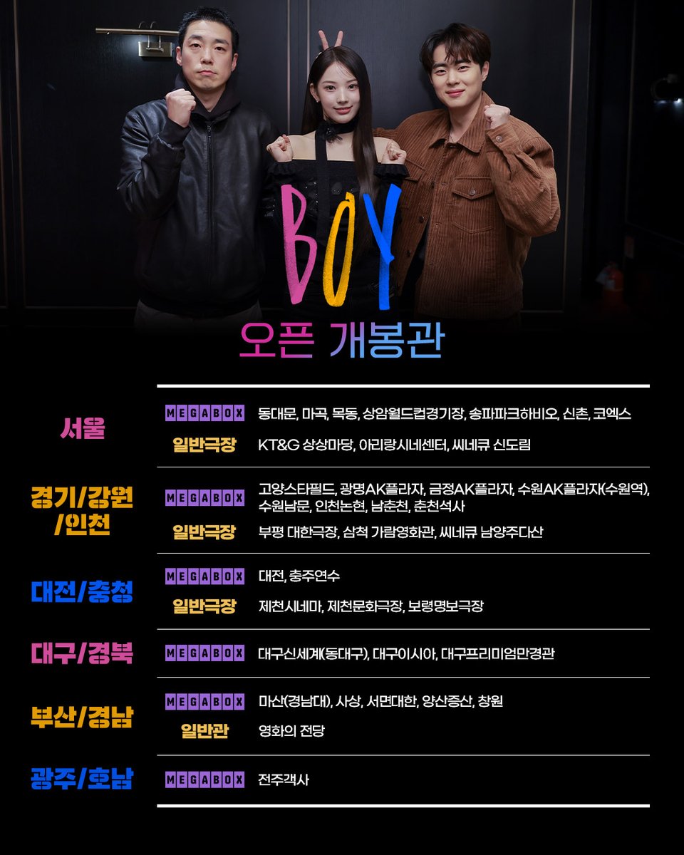 <보이> OPEN 상영관 안내📍

지금 만날 수 있는
<보이> 상영관 확인 하세요!

가장 가까운 극장에서 지금 바로 예매 🎟
1월 14일 개봉 🎬
*일반극장은 순차 오픈 예정입니다

#보이 #BOY #1월14일대개봉
#조병규 #유인수 #지니 #서인국