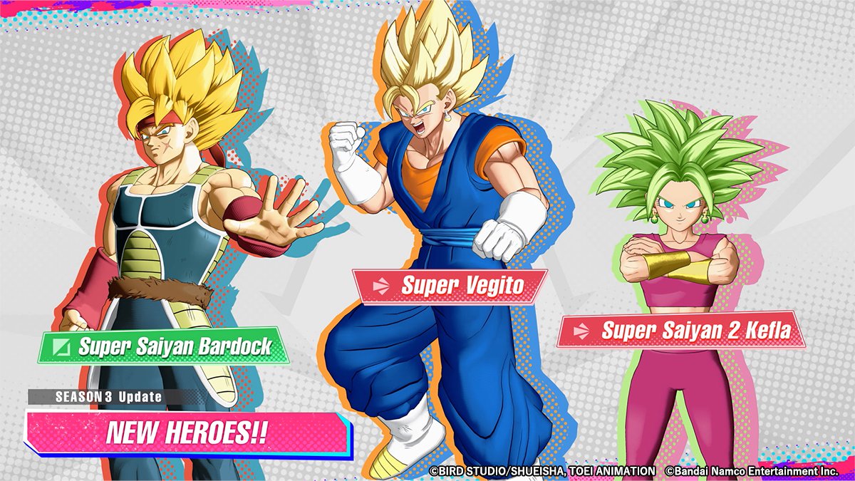 DB_Squadra's tweet image. 📢Here are the new heroes coming in Season 3!
・Super Vegito
・Super Saiyan Bardock
・Super Saiyan 2 Kefla

Get ready for them!✨

#GekishinSquadra #Squadra #DragonBall