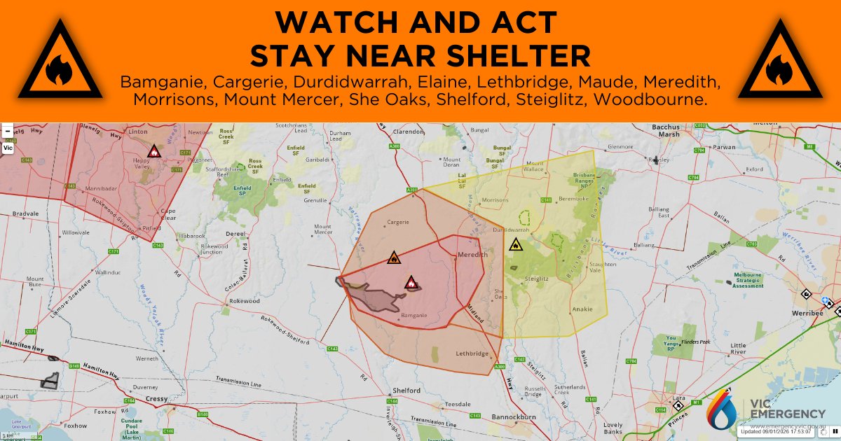 CFA_Updates's tweet photo. WATCH &amp; ACT - GRASS FIRE - Stay Near Shelter

More details at https://t.co/VnbpOmSZ98

This Watch and Act message is being issued for Bamganie, Cargerie, Durdidwarrah, Elaine, Lethbridge, Maude, Meredith, Morrisons, Mount Mercer, She Oaks, Shelford, Steiglitz, Woodbourne. https://t.co/86AsrD8a0B