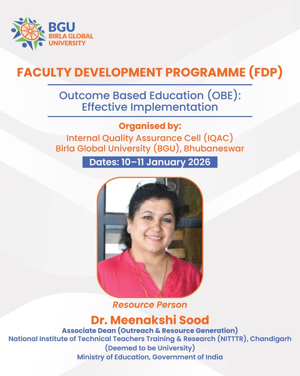 bgubbsr's tweet image. BGU is pleased to announce a two-day 𝗙𝗮𝗰𝘂𝗹𝘁𝘆 𝗗𝗲𝘃𝗲𝗹𝗼𝗽𝗺𝗲𝗻𝘁 𝗣𝗿𝗼𝗴𝗿𝗮𝗺𝗺𝗲 (𝗙𝗗𝗣) on 𝗢𝘂𝘁𝗰𝗼𝗺𝗲-𝗕𝗮𝘀𝗲𝗱 𝗘𝗱𝘂𝗰𝗮𝘁𝗶𝗼𝗻 (𝗢𝗕𝗘): 𝗘𝗳𝗳𝗲𝗰𝘁𝗶𝘃𝗲 𝗜𝗺𝗽𝗹𝗲𝗺𝗲𝗻𝘁𝗮𝘁𝗶𝗼𝗻. 𝗢𝗿𝗴𝗮𝗻𝗶𝘇𝗲𝗱 𝗯𝘆 𝗜𝗤𝗔𝗖.

#FDP #OutcomeBasedEducation #OBE