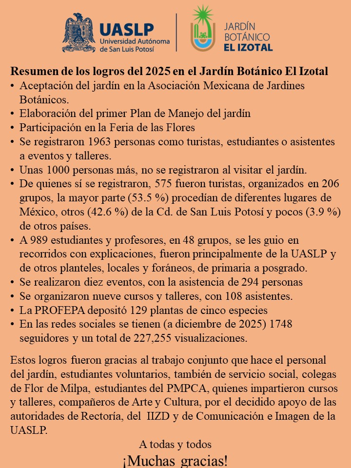 izotaluaslp's tweet photo. Reiniciamos esta semana, agradecidos por su compañía y acción en el 2025 y con el ánimo puesto para que en  2026 tengan a El Izotal, como su jardín botánico favorito https://t.co/xMuaeTkAyD