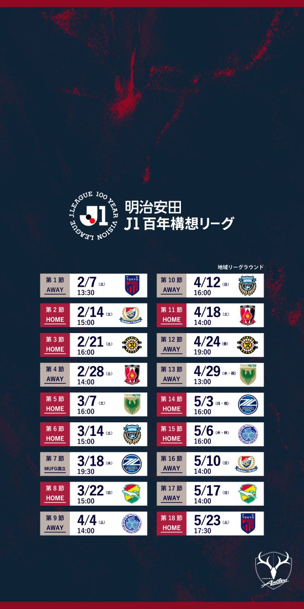 atlrs_official's tweet photo. ⚽明治安田Ｊ１百年構想リーグ⚽

📅地域リーグラウンド第3節〜第18節およびプレーオフラウンドの日程が発表されました！

📺中継情報
・2/7（土） 第1節 FC東京戦：日本テレビ系全国ネット
・4/4（土） 第9節 水戸戦：NHK水戸にて放送予定

日程画像も更新しました✨
縦型画像もぜひご活用ください📱

🔻詳細はこちら🔻
🔗https://t.co/yBrNHgRMIx

#鹿島アントラーズ #antlers