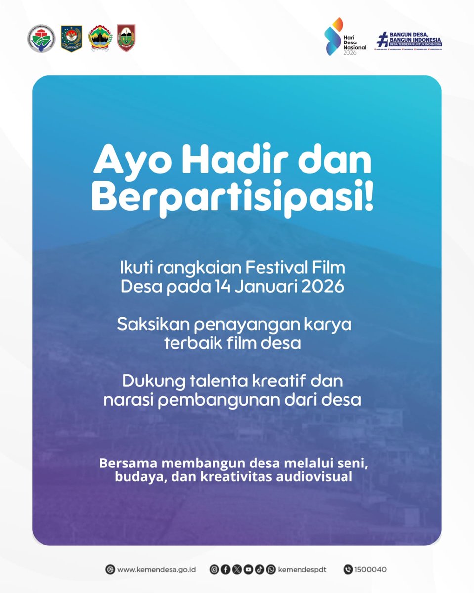 #SobatDesa, rangkaian Hari Desa Nasional 2026 semakin semarak dengan Festival Film Desa!
📷 14 Januari 2026
Ayo hadir, berpartisipasi, dan dukung talenta kreatif desa! 📷📷
#KemendesPDT
#BangunDesaBangunIndonesia
#FestivalFilmDesa