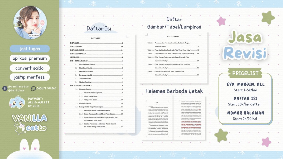 berfokus's tweet image. 🥛 JOKI REVISI 🥛

✅ daftar isi, tabel, gambar, dan lampiran
✅ nomor halaman latin &amp;amp; romawi, nomor halaman berbeda letak, format skripsi, dll
✅ merapikan margin
✅ halaman kanan-kiri berbeda margin
✅ merapikan header &amp;amp; footer

wa.me/6285879787645