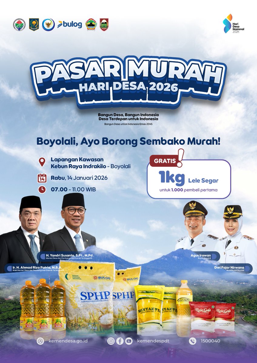 Dalam rangka memperingati Hari Desa Nasional Tahun 2026, Kementerian Desa dan Pembangunan Daerah Tertinggal menyelenggarakan Pasar Murah.
Ajak keluarga, tetangga, dan sahabat. Belanja hemat, pangan sehat, desa kuat!
#HariDesaNasional2026
#PasarMurah
#KemendesPDT
#PembangunanDesa