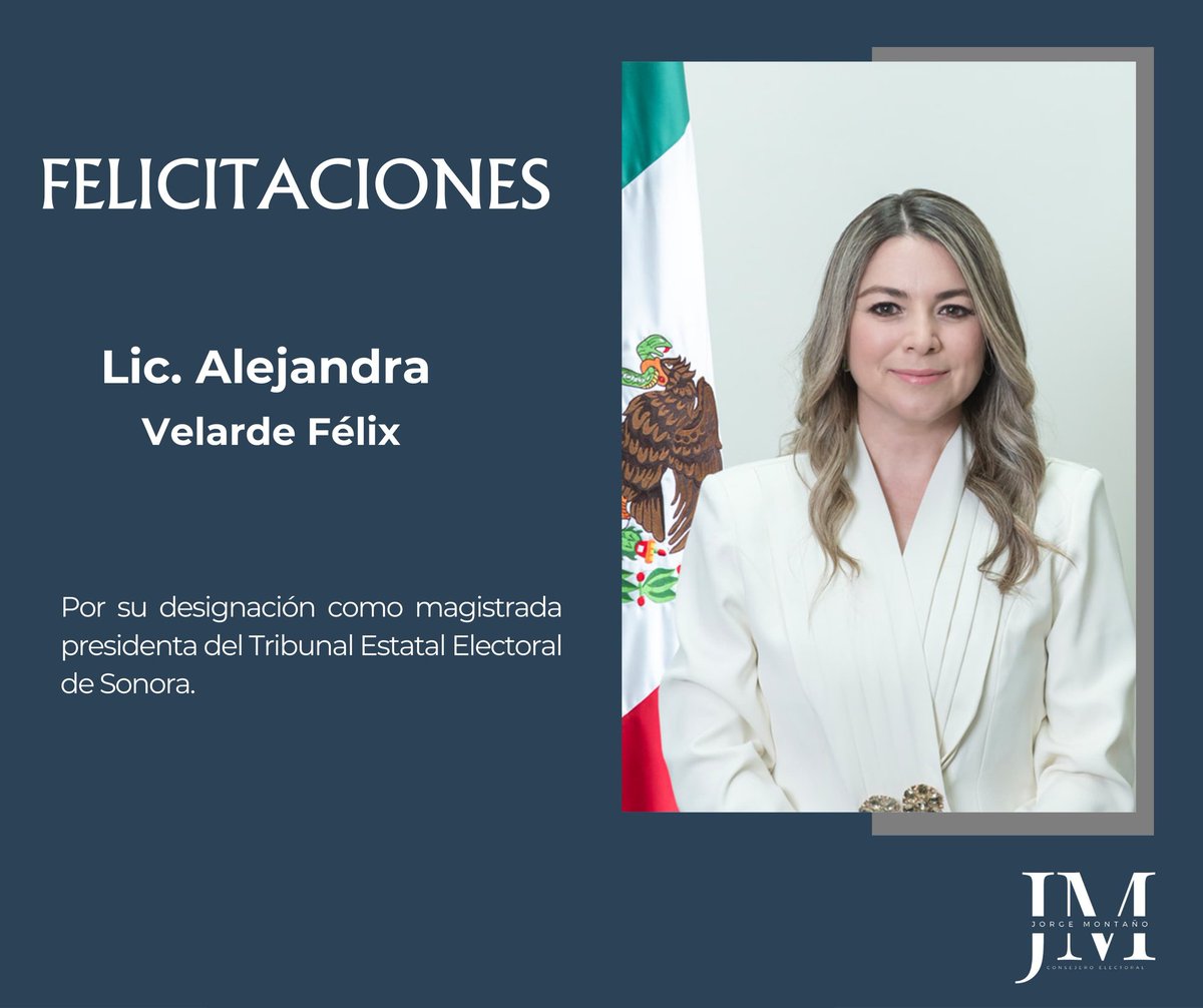 ¡Nuestras felicitaciones a la Lic. Alejandra Velarde Félix por su nombramiento como magistrada presidenta del Tribunal Estatal Electoral de Sonora!

Le deseamos el mayor de los éxitos en esta encomienda y en su labor por fortalecer la justicia electoral. 

¡Enhorabuena!