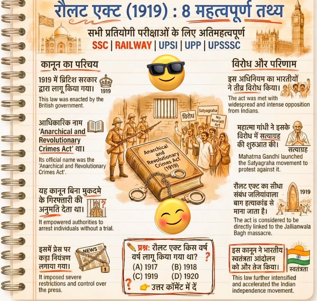 ParthIASJHD's tweet photo. BPSC अंतर्गत शिक्षक भर्ती परीक्षा #TRE4 और
सहायक शिक्षा विकास पदाधिकारी (AEDO) की लिखित परीक्षा के लिए बेस्ट 👌 notes 📝 📋
@ParthIASJHD follow up #ParthIASJHD
#BPSC #BPSCNotice #BPSCUpdates #BPSCAEDO #BPSCAEDOExam #STETresult #TRE4
रॉलेट एक्ट (Rowlatt Act) भारतीय आधुनिक इतिहास और UPSC मुख्य परीक्षा के दृष्टिकोण से एक अत्यंत महत्वपूर्ण विषय है। इसे आधिकारिक तौर पर 'अराजक और क्रांतिकारी अपराध अधिनियम, 1919' (Anarchical and Revolutionary Crimes Act, 1919) के नाम से जाना जाता है।
UPSC स्तर के विश्लेषण के लिए इसके मुख्य बिंदु निम्नलिखित हैं:
1. पृष्ठभूमि (Background)
उद्देश्य: प्रथम विश्व युद्ध के दौरान लागू 'भारत रक्षा अधिनियम 1915' (Defence of India Act) की दमनकारी शक्तियों को स्थायी बनाना।
सिफारिश: यह अधिनियम सर सिडनी रॉलेट की अध्यक्षता वाली 'सेडीशन कमेटी' (Sedition Committee) की सिफारिशों पर आधारित था।
कारण: ब्रिटिश सरकार भारत में उभरते हुए उग्र राष्ट्रवादी आंदोलनों और क्रांतिकारी गतिविधियों को कुचलना चाहती थी।
2. प्रमुख प्रावधान (Key Provisions)
इस कानून को भारतीयों द्वारा 'बिना वकील, बिना अपील, बिना दलील' का कानून कहा गया क्योंकि:
निवारक निरोध (Preventive Detention): सरकार किसी भी संदिग्ध व्यक्ति को बिना किसी मुकदमे के 2 साल तक जेल में रख सकती थी।
विशेष न्यायालय: राजद्रोह के मामलों के लिए विशेष न्यायाधिकरण (Special Tribunals) बनाए गए, जिनमें जूरी की सहायता के बिना सुनवाई होती थी।
अपील का अधिकार नहीं: इन न्यायालयों के निर्णय के विरुद्ध किसी उच्च न्यायालय में अपील करने की अनुमति नहीं थी।
प्रेस पर नियंत्रण: प्रेस की स्वतंत्रता को छीनने और किसी भी प्रकाशन को प्रतिबंधित करने का अधिकार सरकार के पास था।
संदेह के आधार पर गिरफ्तारी: पुलिस को बिना वारंट के किसी भी स्थान की तलाशी लेने और संदिग्धों को गिरफ्तार करने की असीमित शक्ति दी गई।
3. भारतीय प्रतिक्रिया और रॉलेट सत्याग्रह
गांधीजी का आह्वान: महात्मा गांधी ने इसके विरोध में 6 अप्रैल 1919 को देशव्यापी 'रॉलेट सत्याग्रह' शुरू करने का आह्वान किया। यह गांधीजी का पहला राष्ट्रव्यापी आंदोलन था।
इस्तीफे: इस कानून के विरोध में मोहम्मद अली जिन्ना, मदन मोहन मालवीय और मजहर-उल-हक ने इम्पेरियल लेजिस्लेटिव काउंसिल से इस्तीफा दे दिया।
काला कानून: भारतीय नेताओं ने इसे 'काला कानून' (Black Act) कहकर संबोधित किया।
4. ऐतिहासिक प्रभाव और परिणाम
जलियांवाला बाग हत्याकांड: पंजाब में इस एक्ट का कड़ा विरोध हुआ। लोकप्रिय नेताओं डॉ. सैफुद्दीन किचलू और डॉ. सत्यपाल की गिरफ्तारी के विरोध में 13 अप्रैल 1919 को अमृतसर के जलियांवाला बाग में शांतिपूर्ण सभा आयोजित की गई, जहाँ जनरल डायर ने निहत्थी भीड़ पर गोलियां चलवाईं।
भरोसे का टूटना: इस कानून ने भारतीयों के उस भ्रम को तोड़ दिया कि विश्व युद्ध में सहयोग के बदले ब्रिटिश सरकार संवैधानिक सुधार और उदारता दिखाएगी।
असहयोग आंदोलन की नींव: इसी दमनकारी नीति और जलियांवाला बाग की घटना ने अंततः 1920 के असहयोग आंदोलन का मार्ग प्रशस्त किया।
5. निष्कर्ष (Conclusion)
रॉलेट एक्ट ब्रिटिश औपनिवेशिक शासन की निरंकुशता का प्रतीक था। इसने न केवल भारतीय जनता की नागरिक स्वतंत्रता का हनन किया, बल्कि भारतीय स्वतंत्रता संग्राम को एक जन-आंदोलन में बदल दिया, जिससे ब्रिटिश साम्राज्य की नैतिक नींव हिल गई।