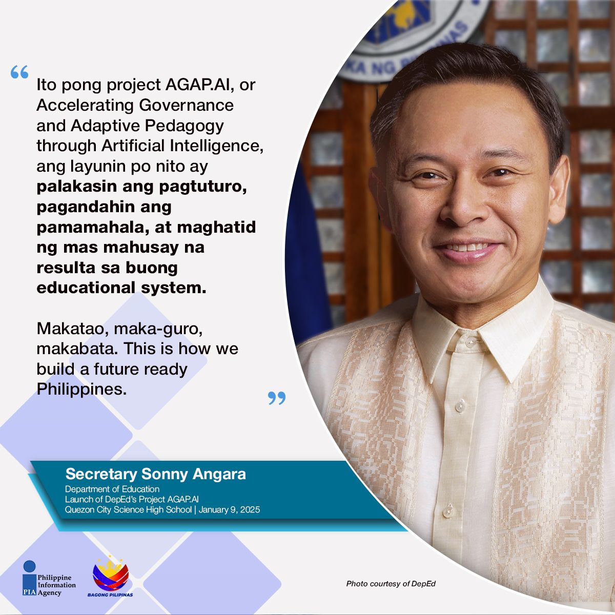 PIADesk's tweet photo. Ipinahayag ni @DepEd_PH Sec. Sonny Angara na layon ng https://t.co/HZcHHWMJsV na paghusayin ang pagtuturo at pamamahala gamit ang AI, para sa mas makatao, maka-guro, at makabatang edukasyon tungo sa isang maunlad na #BagongPilipinas. #ISM #IntegratedStateMedia https://t.co/hu2UwcP4h1
