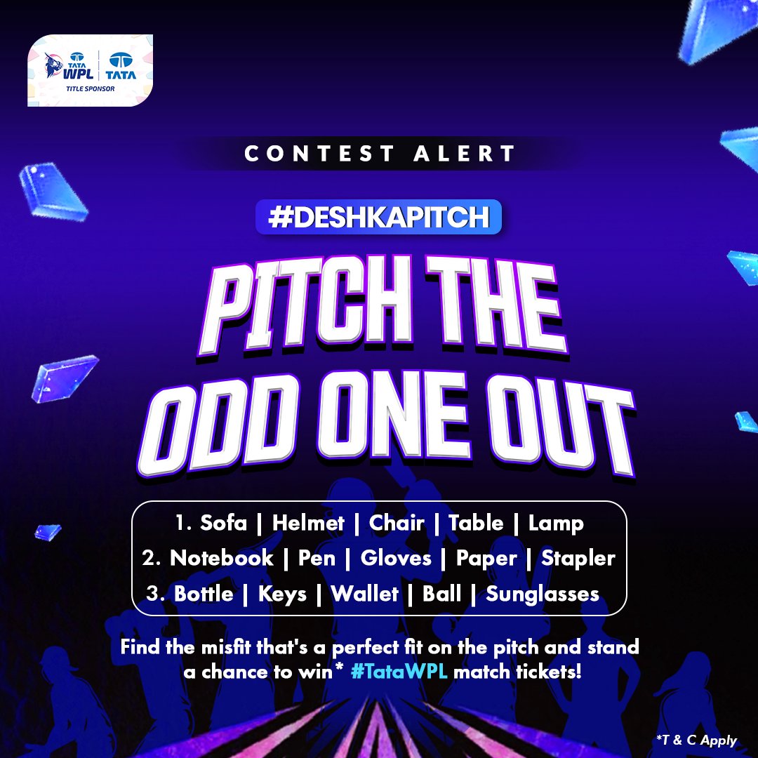 TataCompanies's tweet photo. Contest Alert!​

It’s all about reading the game right. Keep your eyes on the pitch, your mind in the game, and spot the cricket gear hiding in our lists. Get it right and you could win* match tickets as action heats up on #DeshKaPitch.​

Rules:  ​
- Make sure you follow and tag @tatacompanies​
- Share your answer in comments ​
- Use #DeshKaPitch in your comment​
- Mention your city in the comment​
- Tag three friends​

Contest ends on 11th Jan, at 11:59PM IST.  ​​
 Participate now!  ​
 ​
 *T&C apply: https://t.co/1Fx0bXENra ​
 ​
 #ThisIsTata #TataWPL #TataWPL2026