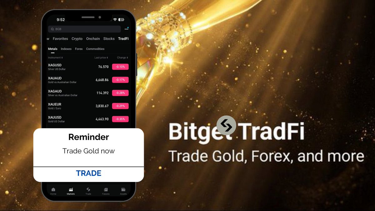 BitgetSL's tweet image. Gold doesn’t wait. ⏳

Prices move, opportunities don’t repeat.
Trade Gold now on #BitgetTradFi