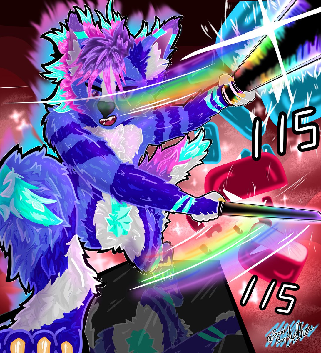 code_the_furry's tweet image. Got my first piece of @BeatSaber art :3

It’s pretty funny to think my sona can hit more 115s than me 😭

Thank you SOOOO MUCH @GoatboyAether for the piece :D