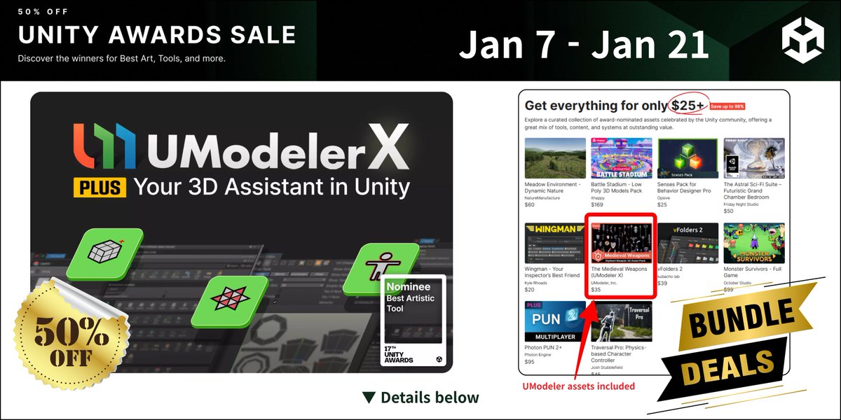 🏆 Unity Awards Sale is live! (Jan 7–21)
✨ UModeler X Plus is now 50% OFF 🗡 UModeler asset “The Medieval Weapons” included in the $25+ Awards Bundle
Don’t miss this limited-time deal 👇 🔗 docs.umodeler.com/event

#UnityAwards #UnityAssetStore #UModeler
