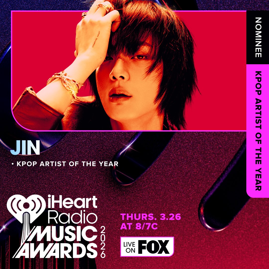 WORLDMUSICAWARD's tweet image. #JIN has been nominated for 'K-pop Artist of the Year' at the 2026 iHeart Radio Music Awards! 💪🕺🏻🗳️🇰🇷👨‍🎤💥ℹ️❤️📻🎼🏆2⃣0⃣2⃣6⃣🔥👑🖤💜

🗳 VOTE HERE: news.iheart.com/Awards
Eligible countries to vote:🇺🇸 🇨🇦 🇲🇽 🇦🇺 🇳🇿