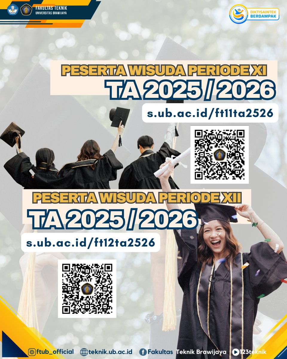 Salam hebat &amp; sukses #KBFT ! 
Selamat bagi para calon Wisudawan Periode 11 &amp; 12 Tahun Akademik 2025/2026.  Informasi lengkap &amp; daftar wisudawan sudah dapat dilihat di menu pengumuman website teknik.ub.ac.id 
#FTUB #FTUB2026 #UniversitasBrawijaya #123Teknik