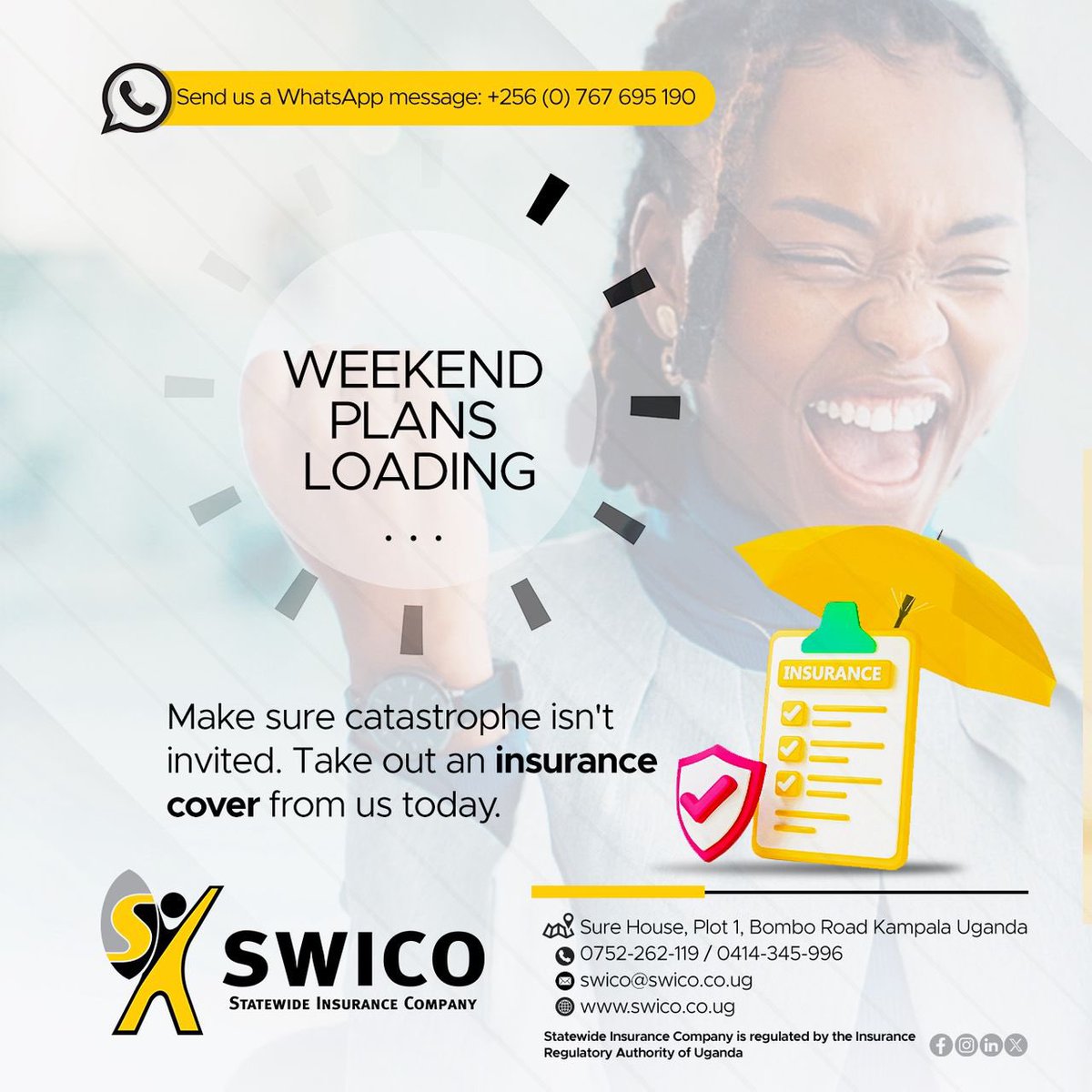 swico_uganda's tweet image. Protect your weekend adventures!

From spontaneous trips to cozy days in, make sure you're covered for life's plot twists. 

Get insurance that fits your plans, from us today.

#FridayMood #Insuranceforyou
