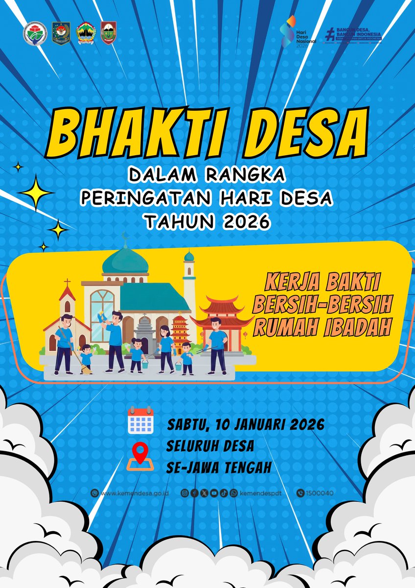 Dalam rangka memperingati Hari Desa 2026, Kemendesa bersama Pemda Jateng diseluruh tingkatan (Pemprov, Pemkab/kota, dan Pemdes), mengajak masyarakat untuk melakukan aksi Bhakti Desa: Bersih-Bersih Rumah Ibadah secara serentak di seluruh desa se-Jawa Tengah.

#HariDesa2026
