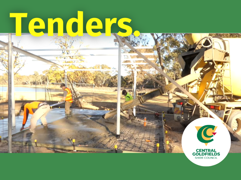 Current Tenders:

>VP490644
Deledio Reserve New Modular Pavilion Project - Design and Construct
>G25/26-13 
Supply and Service of Sanitary &amp; Nappy Bins, Sharps
VP493062 
Burns and Nolan sts, Maryborough – Roundabout Construction 

centralgoldfields.vic.gov.au/tenders
