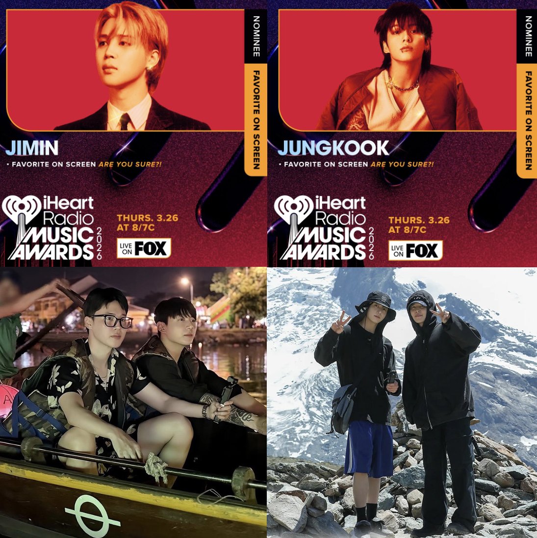 WORLDMUSICAWARD's tweet image. #JIMIN &amp;amp; #JUNGKOOK are both nominated for 'Fave on screen' for "Are You Sure" at the #iHeartRadioMusicAwards2026! 💪🕺🕺🏻🗳️🎞️💥ℹ️❤️📻🎼🏆2⃣0⃣2⃣6⃣🔥👑👑💙💜