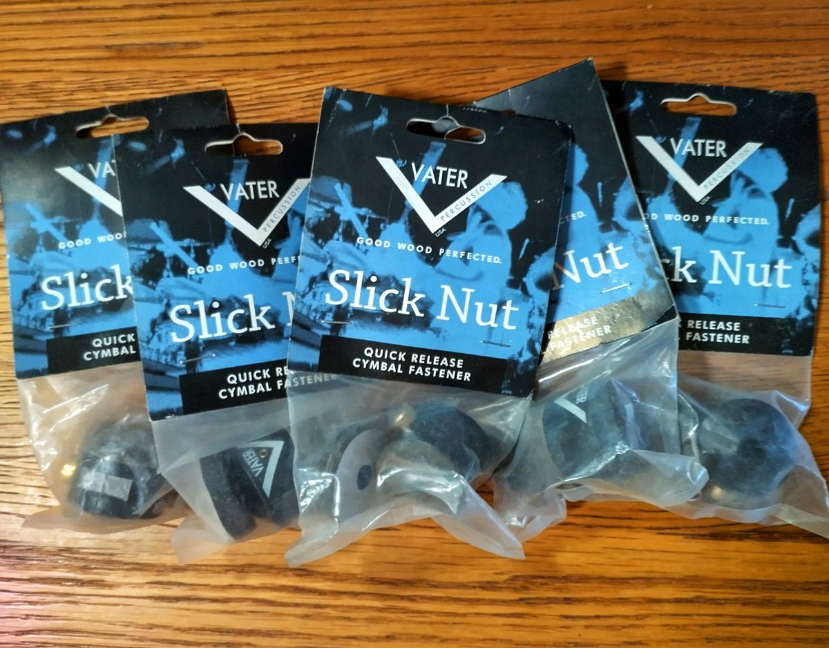 Drummers!  Just discovered  my stash of FIVE brand-new old stock Vater Slick Nuts – these legendary quick-release cymbal fasteners are pure gig-saving gold. No more fiddly wing nuts, just push-button magic for lightning-fast setup/teardown. Plus that built-in theft-deterrent