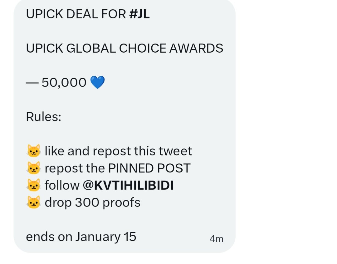 JLVPTeam's tweet image. UPICK DEAL FOR #JL 

UPICK GLOBAL CHOICE AWARDS

— 50,000 💙

Rules:

🐱 like and repost this tweet
🐱 repost the PINNED POST
🐱 follow @KVTIHILIBIDI
🐱 drop 300 proofs

ends on January 15