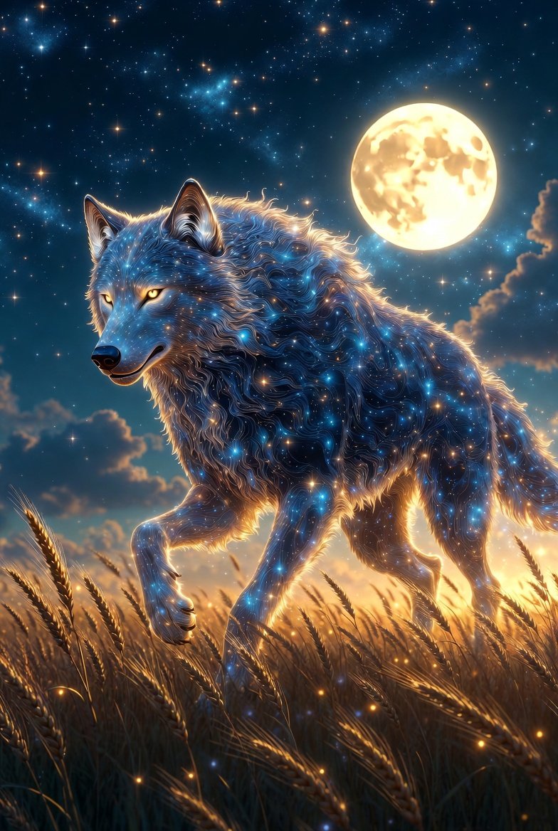 Dreamland calls.🌙

Time to prowl the golden fields,  
where stars and moonlight softly blend.

I'll chase the full moon's gentle pull,  
a cosmic guardian till the end.

Sleep sound—my steps light up the night,
watching over you with stellar might. 🐺✨

R⚡️C