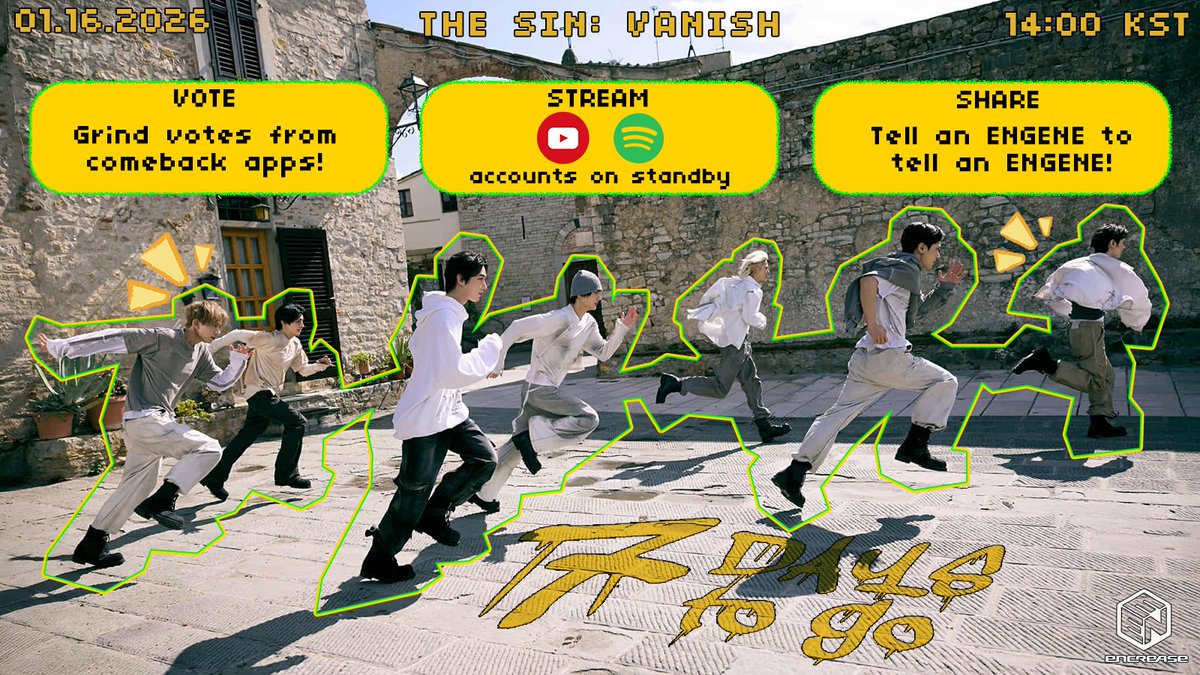ENCREASEVT's tweet image. D-7 before #THE_SIN_VANISH comes out! 🔪💥

ENGENEs, HAVE YOU...?
✅ Pre-saved The Sin: Vanish Album: enhypen.lnk.to/thesinvanish ?
✅ Collect VOTES and create multiple accounts on Comeback Apps (Mubeat, Muniverse, Duckad, Mnetplus, LINC, TIN, Higher, Fancast)
✅ Prepare your…