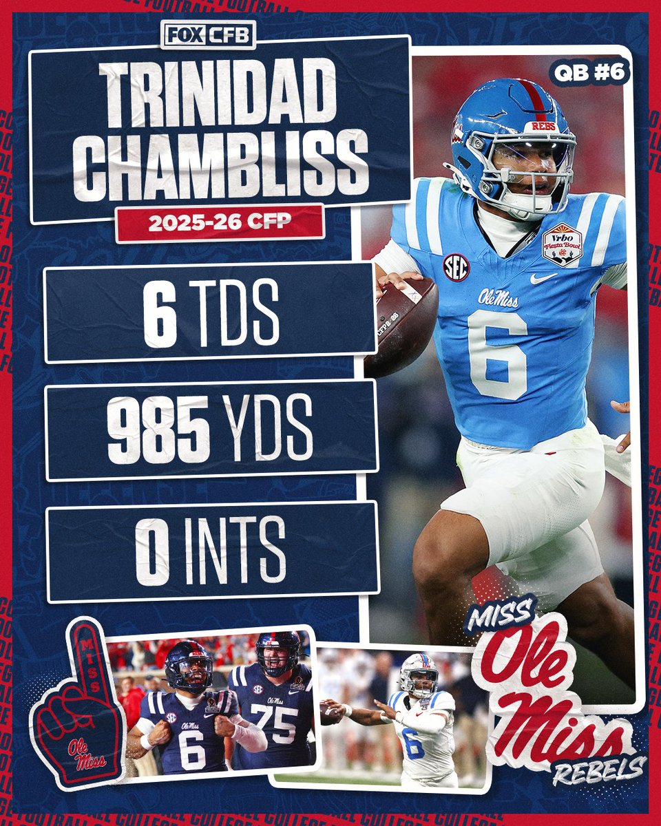 CFBONFOX's tweet photo. What a CFP run for Trinidad Chambliss 🔥👏

@OleMissFB x @TrinidadChambl1 https://t.co/c1FFZ7mScq