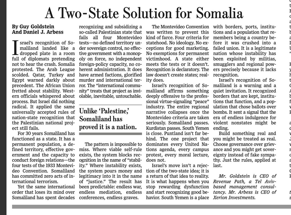 Somaliland built something real; chose ballots over bombs and governance over grievance. 

Israel did not do something radical. It simply acknowledged reality.

Great op-ed republished here courtesy of The Wall Street Journal <a href="/WSJ/">The Wall Street Journal</a>