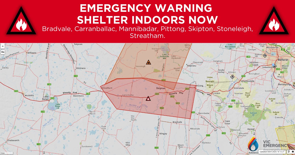 EMERGENCY WARNING - GRASS FIRE - Shelter Indoors Now

More details at emergency.vic.gov.au/respond/#!/war…

This Emergency Warning is being issued for Bradvale, Carranballac, Mannibadar, Pittong, Skipton, Stoneleigh, Streatham.
