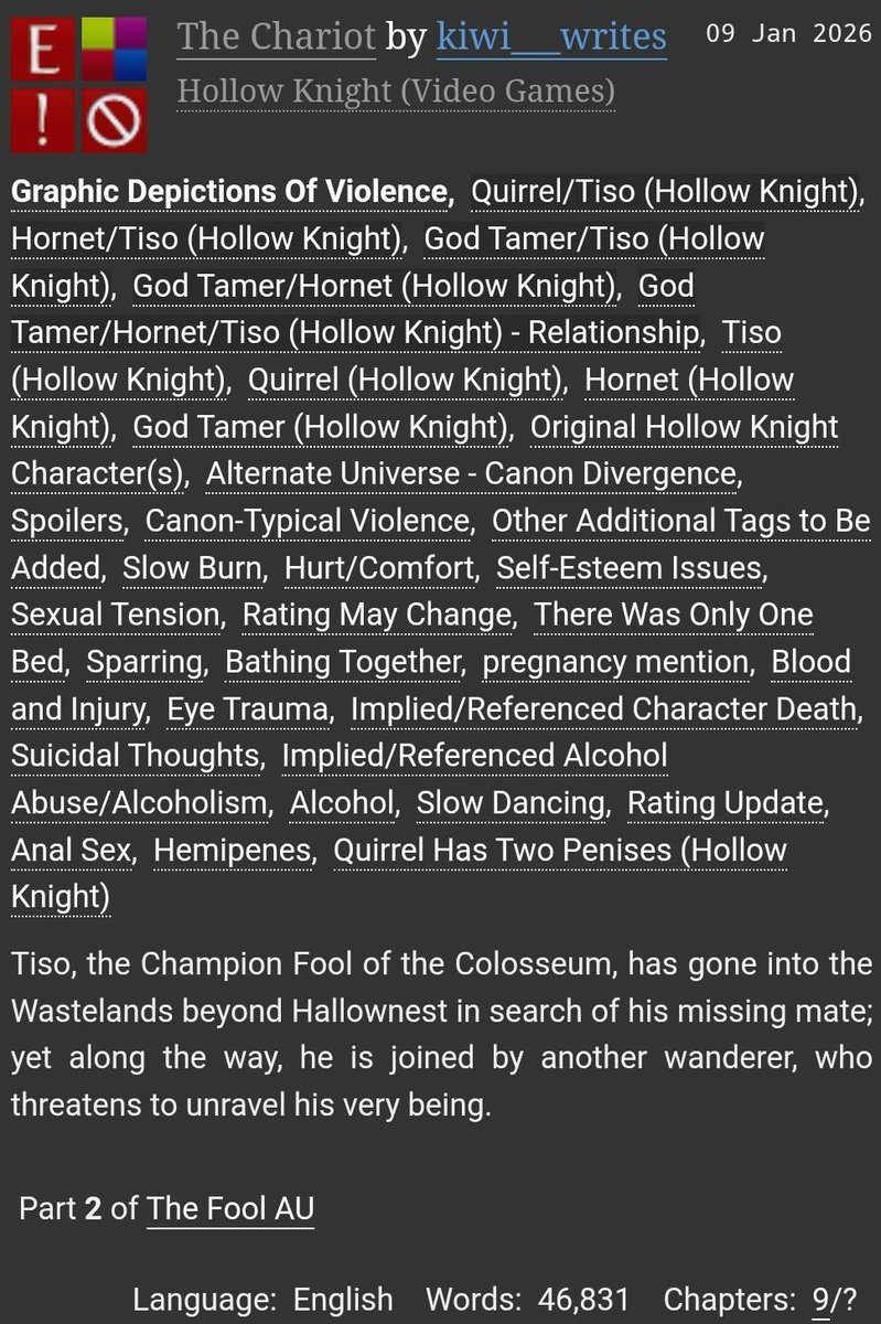 kiwi___dick's tweet photo. https://t.co/kvka0YXfYl [ Hollow Knight ] [ Explicit ] [ Quirrel / Tiso ] Tiso, Champion Fool, has gone into the Wastelands beyond Hallownest in search of his missing mate; yet along the way, he is joined by another who threatens to unravel his very being. [ Rating Change ] https://t.co/83D861VRly