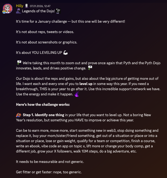 The <a href="/pythnetwork/">Pyth Network 🔮</a> Dojo January challenge is different this year -- I created it because I want us all to level up for real in 2026

no BS resolutions --> just one thing you have to nail or else

narrow it down, share it, describe success and why it matters, ask for the help you