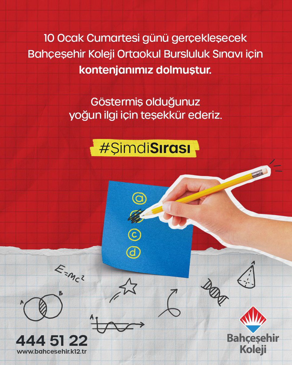 Doskudu's tweet photo. 10 Ocak Cumartesi günü gerçekleştirilecek
Bahçeşehir Koleji Ortaokul Bursluluk Sınavı için kontenjanımız dolmuştur.

Gösterdiğiniz yoğun ilgi için teşekkür ederiz.

#ŞimdiSırası https://t.co/CacP7RM6um