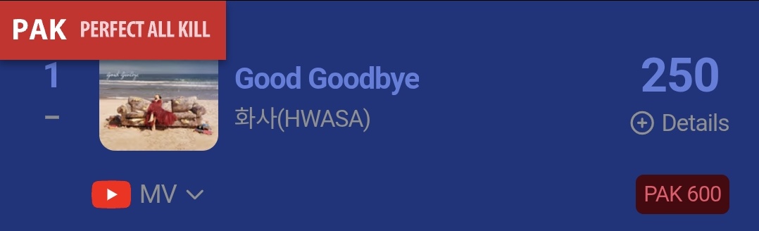 [PERFECT ALL-KILL] “Good Goodbye” — 02PM KST

#1. MelOn(=) 
#1. FLO (=) 
#1. Genie (=) 
#1. VIBE (=) 
#1. YouTube (=) 
#1. iChart (=) 
#1. Bugs (=)  

600th PAK 🌸🔥

#화사 #HWASA