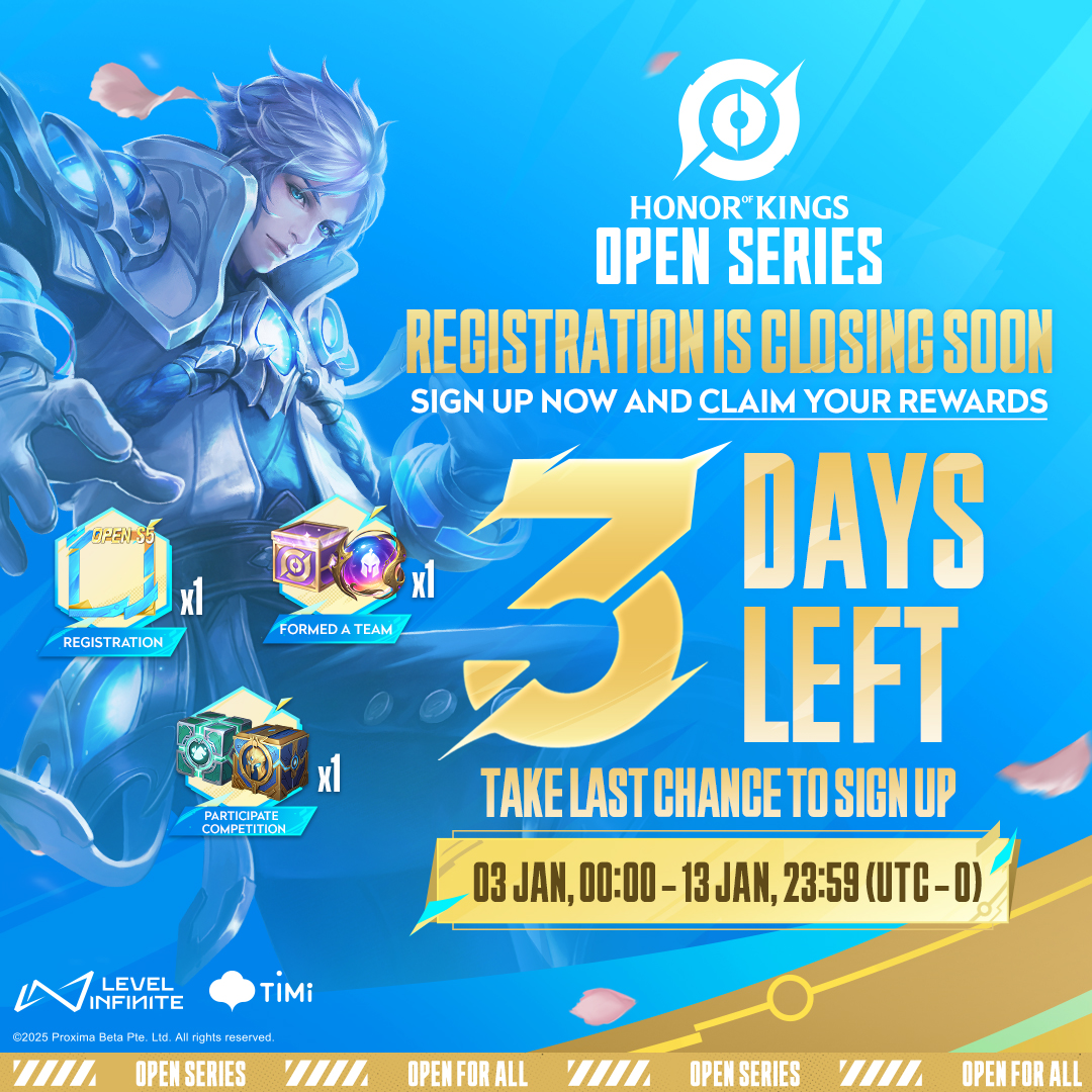 HoKEsports's tweet photo. ⏰ The clock is ticking — just 3 days left to register for #OPENS5!
Don’t miss your chance to take the first step toward your esports dream 🌟🔥

#OpenForAll #AllForVictory

#OPENS5 #OpenSeries #2025HOK #HonorOfKings #HOKEsports https://t.co/ysr0FcPNxR