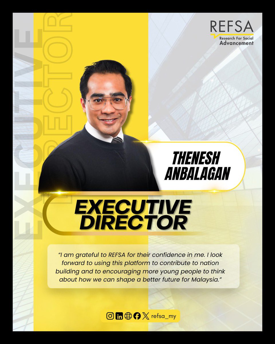 inforefsa's tweet photo. REFSA is pleased to announce the appointment of our new Executive Director. We look forward to working with Thenesh as we continue to strengthen REFSA’s policy work and contribution to nation-building. https://t.co/4pseJMeFCf