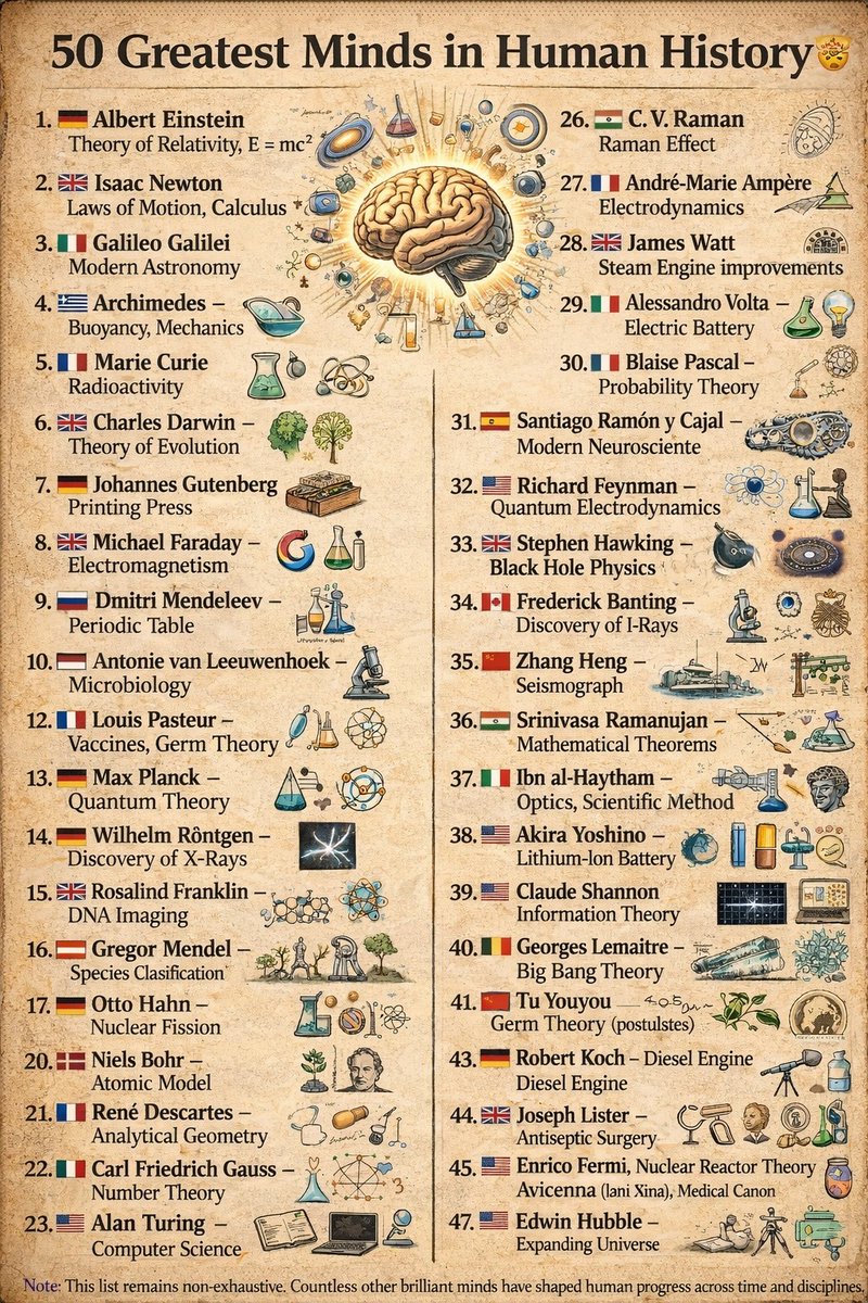 🧠 Greatest Minds in Human History 🧠

1. 🇩🇪 Albert Einstein ⚛️ – Theory of Relativity, E = mc²  
2. 🇬🇧 Isaac Newton 🍎 – Laws of Motion, Calculus  
3. 🇮🇹 Galileo Galilei 🔭 – Modern Astronomy  
4. 🇬🇷 Archimedes 🛁 – Buoyancy, Mechanics  
5. 🇵🇱🇫🇷 Marie Curie ☢️ – Radioactivity