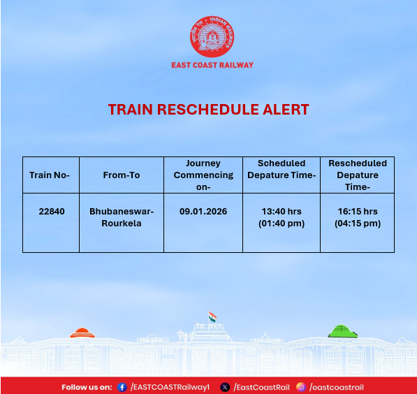 EastCoastRail's tweet photo. Train Reschedule Alert
The following train has been rescheduled on 09.01.2026. Passengers are advised to note the revised departure timings and plan their journey accordingly.
#TrainReschedule #PassengerAdvisory #ECoRupdate #RailwayAlert #JourneyUpdate
@RailMinIndia https://t.co/QCXc0xoCiK