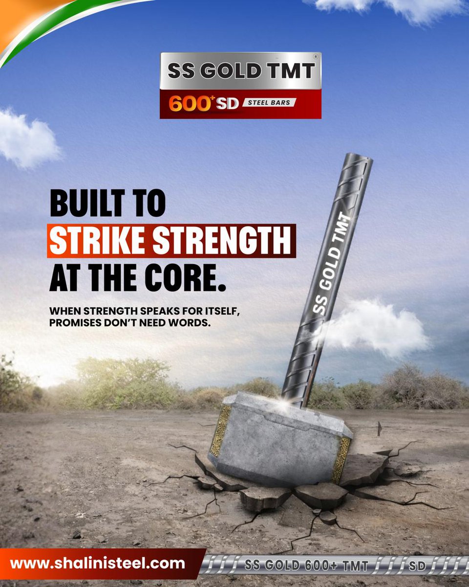 SSGOLDTMT's tweet image. Built to strike strength at the cor
When your foundation demands power, durability, and trust — SS Gold 600+ SD TMT Bars stand unshaken.
Because real strength doesn’t need promises. It proves itself.
🔗 Know more: shalinisteel.com

#SSGoldTMT #600PlusSD #BuiltForStrength
