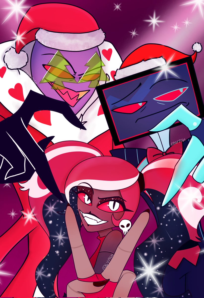 EdgyFish_'s tweet photo. Merry Sinsmas and a Happy New Year! (A verrrry late post)
 Enjoy the vees and their Christmas blings.
.
.
.
.
.
#fanart #merrychristmas #hazbinhotel #hazbinhotelvox https://t.co/P2Hob7TBb5