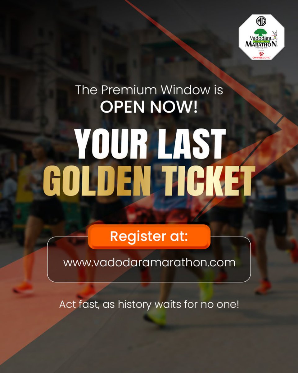 Opportunities like this don’t wait.
The Premium Registration Window is now open — and it’s the final one.
Secure your place at the start line.
Register today at vadodaramarathon.com

#MGVM #VM #LastChance #RoadToVM26 #RegisterToday #RunVadodaraRun