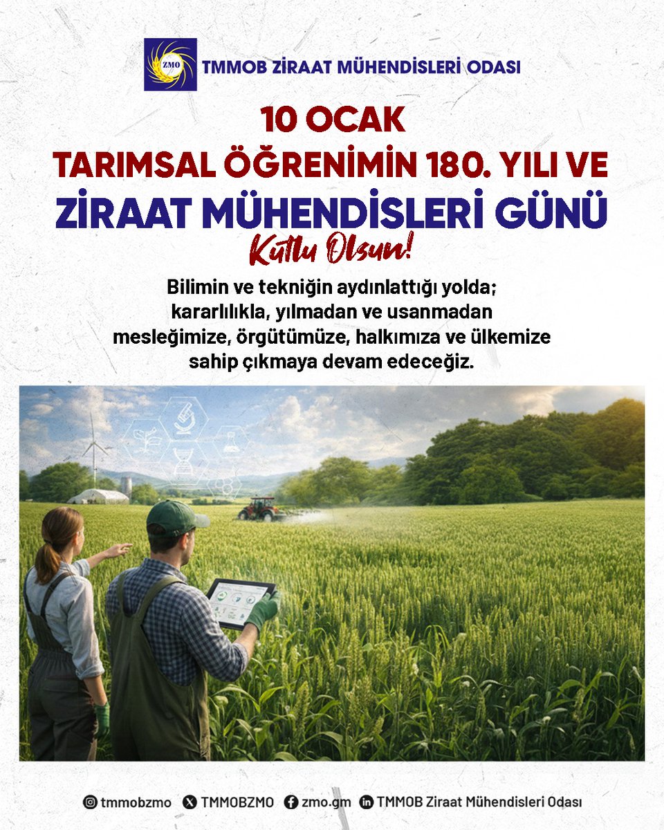 TARIMSAL ÖĞRENİMİN 180. YILI VE 10 OCAK ZİRAAT MÜHENDİSLERİ GÜNÜ KUTLU OLSUN

Bilimin ve tekniğin aydınlattığı yolda; kararlılıkla, yılmadan ve usanmadan mesleğimize, örgütümüze, halkımıza ve ülkemize sahip çıkmaya devam edeceğiz.

TMMOB Ziraat Mühendisleri Odası