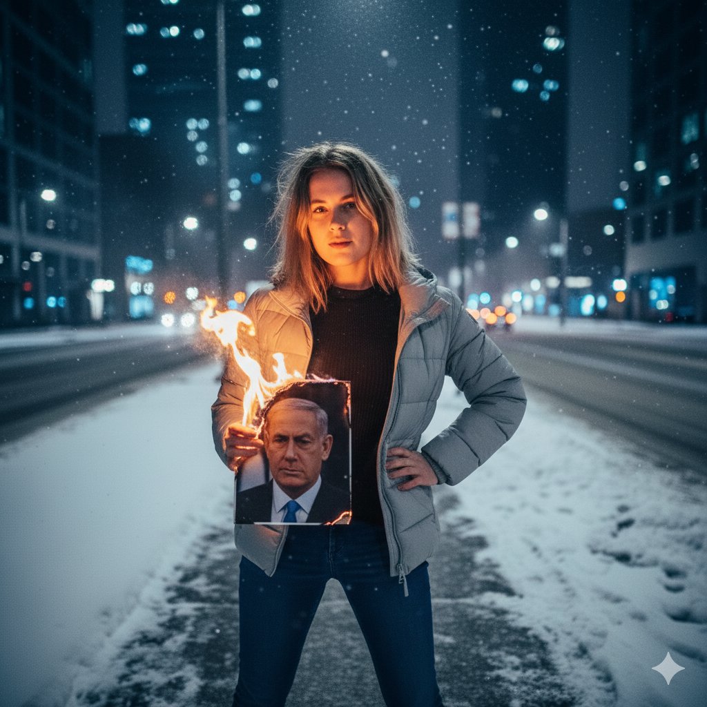 Defiant Woman Lighting Cigarette with Burning Photo — example 2