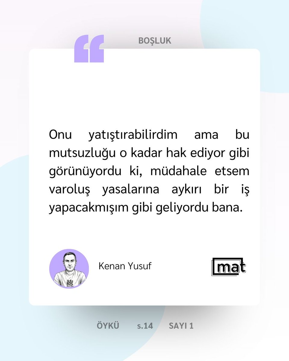 Kenan Yusuf, "Boşluk" adlı öyküsüyle dergimizin ilk sayısında okurlarını selamlıyor. 

...

Mat Dergi, Ocak-Şubat 2026 sayısıyla çıktı. 
Satın almak için mahfelyayincilik.com sitemizi ziyaret edebilirsiniz.