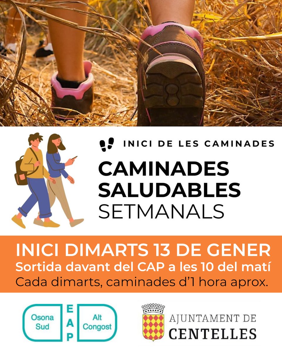 Cada dimarts, caminades saludables setmanals a Centelles
📅 Inici dimarts 13 de gener
🕑 A les 10 h
📍 Sortida davant del CAP