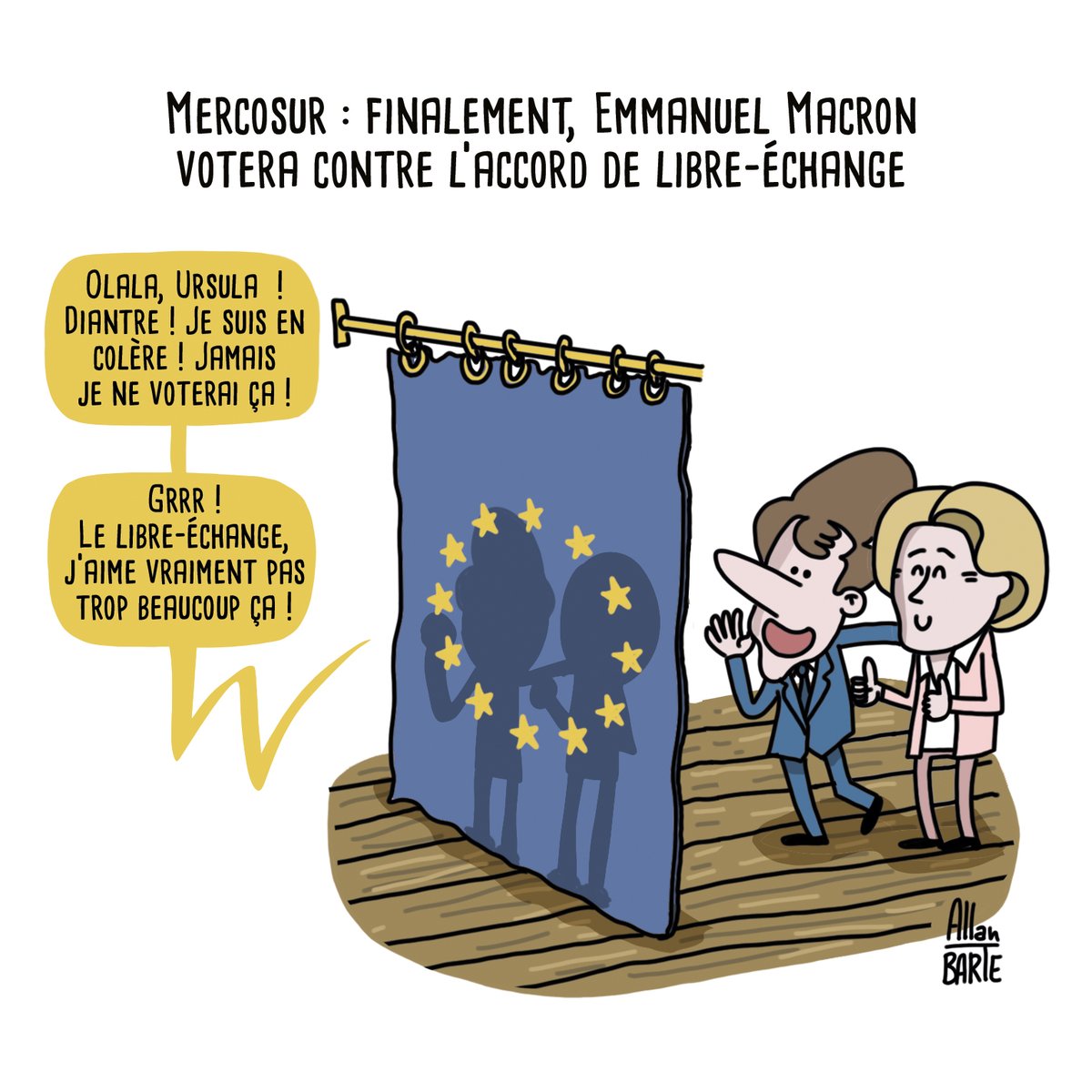 Mercosur : en novembre, il était encore pour. En janvier il est contre.
Bienvenue au petit théâtre de Macron. Quel acteur !

Pour soutenir la lutte dessinée, engagée et indépendante :

▶️ ko-fi.com/allanbarte
▶️ fr.tipeee.com/allan-barte