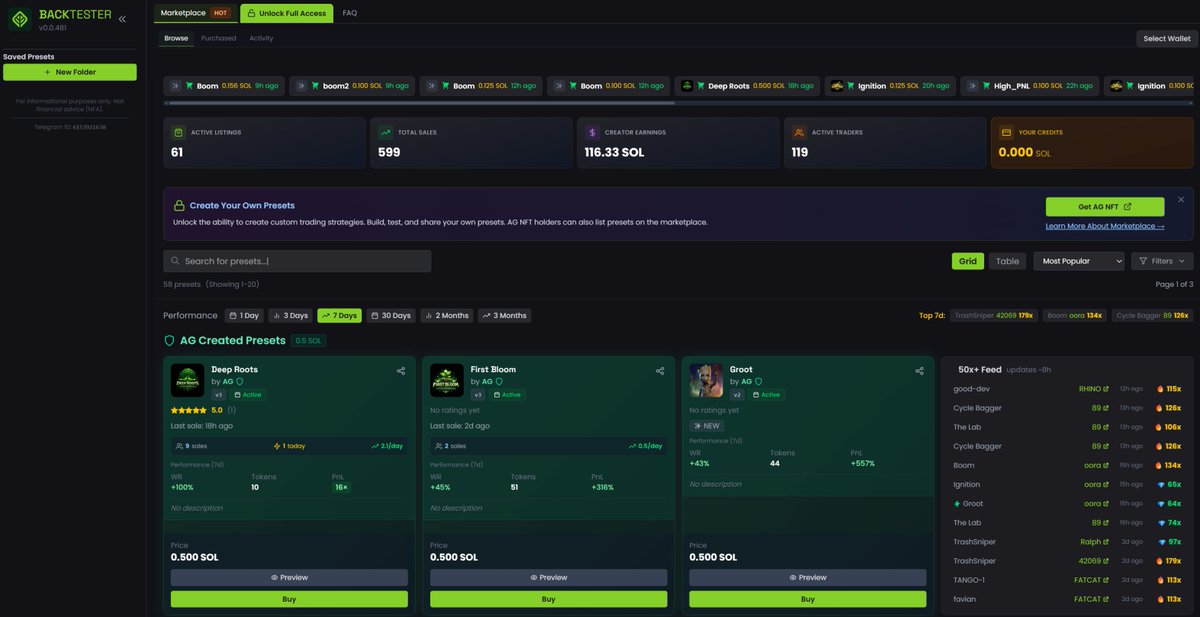 The tool from <a href="/alpha_gardeners/">Alpha Gardeners</a> still delivers one of the most unique and fun experiences for trading memecoins on Solana 🚜

We’ve released a Marketplace for selling presets (know-how) to <a href="/agsniperbot/">AG Sniper Bot</a>, which you can easily buy and apply directly in the AG Sniper.

These presets