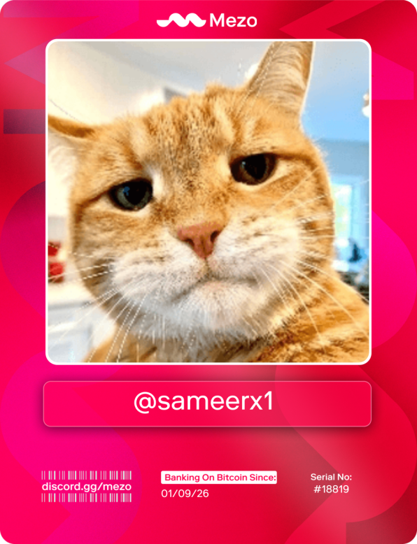 Banking on Bitcoin hits different.

Claimed my <a href="/MezoNetwork/">Mezo</a> Bankcard

Early access to borrow, earn, and build with my BTC.

Your turn 👉 discord.gg/mezo