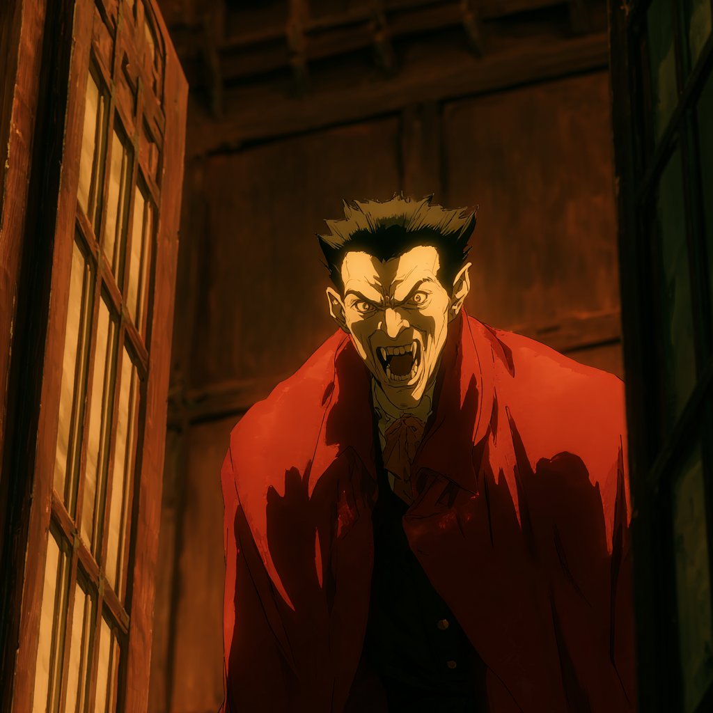 This anime style features a dark and cinematic aesthetic inspired by 90s OVAs, characterized by expressive visuals and dynamic framing techniques.