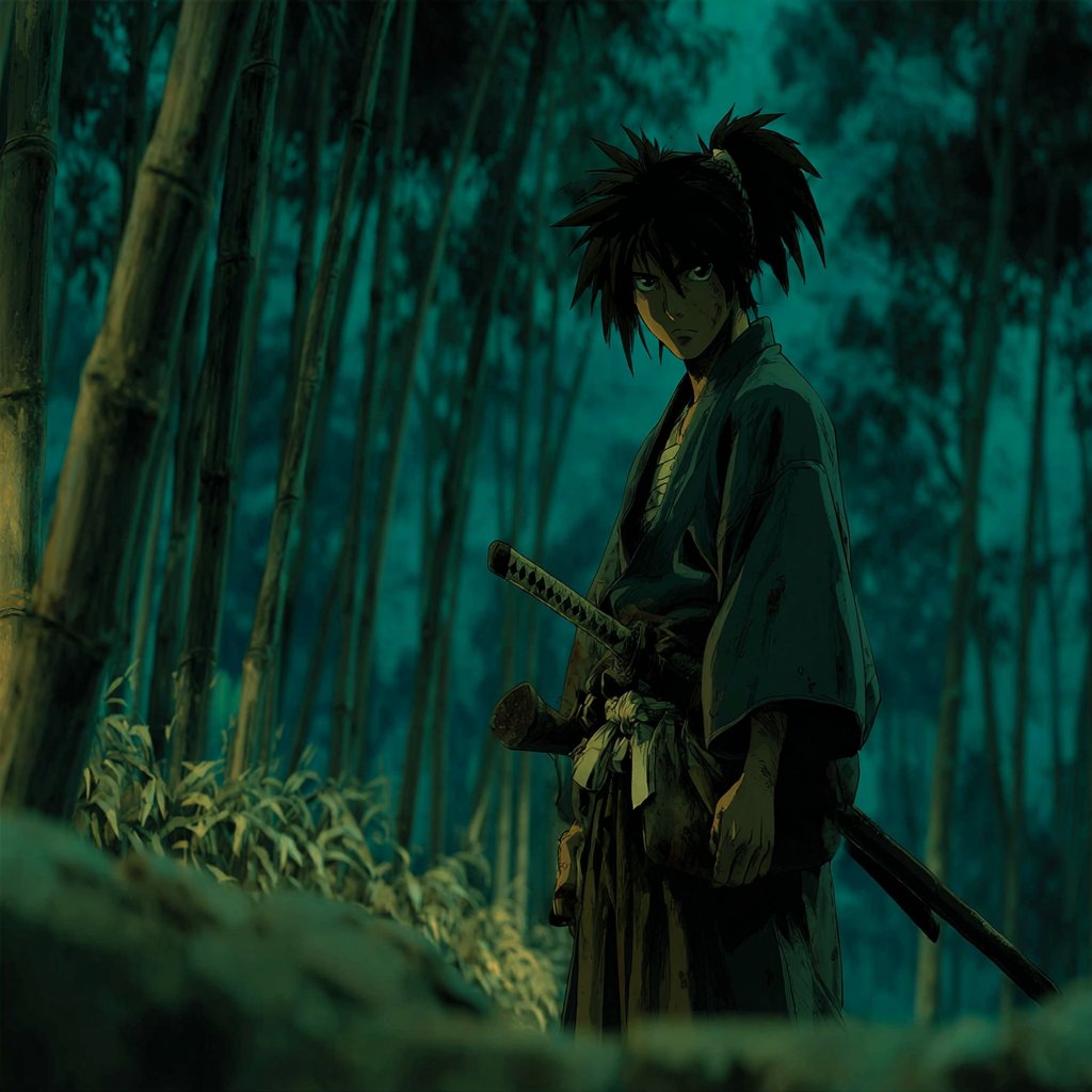 This anime style features a dark and cinematic aesthetic inspired by 90s OVAs, characterized by expressive visuals and dynamic framing techniques.